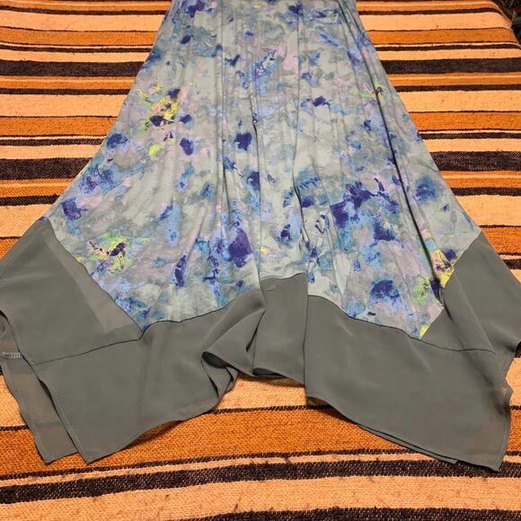 LOGO Maxi Dress Blue watercolor Handkerchief Hem Medium Artsy Flowy Costal Beach - Picture 3 of 6